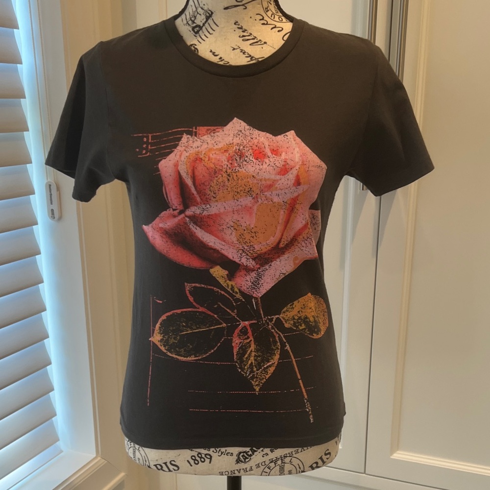 Washed black T -Shirt with Pink Rose Design